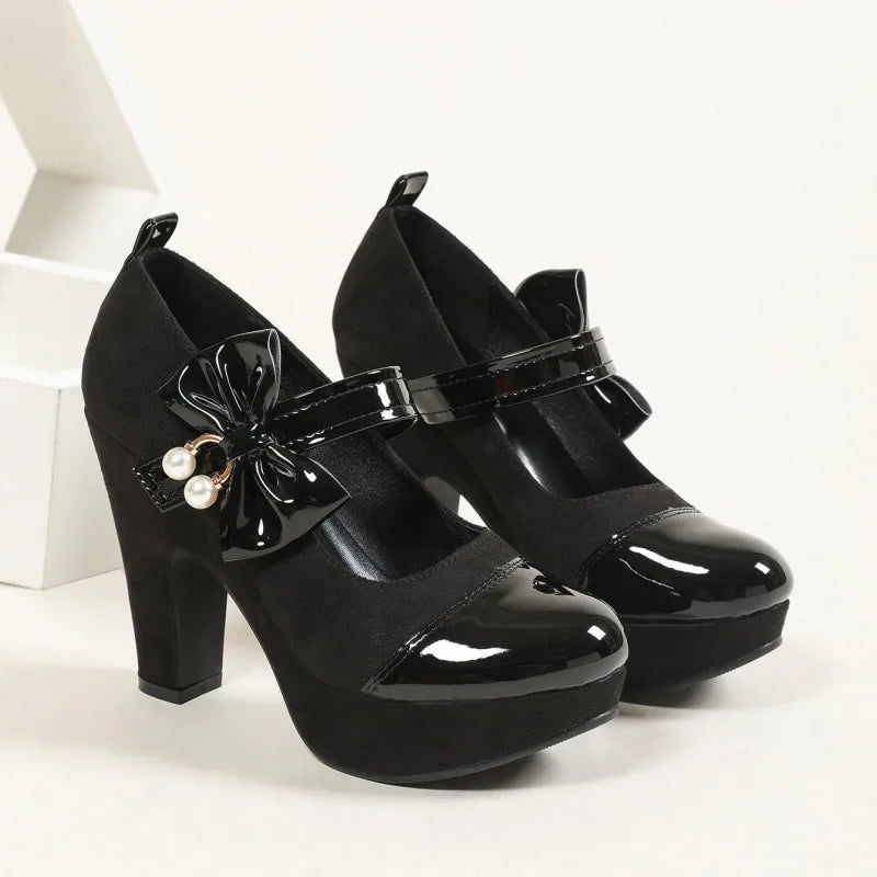 Bianca | Women's Patent Bow Mary Jane Heels - Color:Black;Size:35