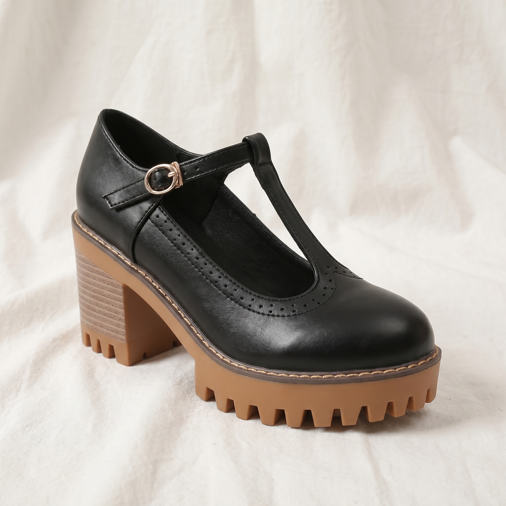 Jasmine | Womens Chunky T Strap Mary Jane Heels