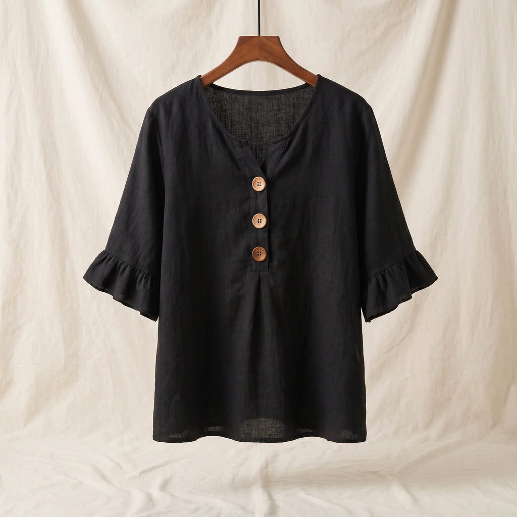 Jannet Cotton Linen V-Neck Top - Color:Black;Size:XS