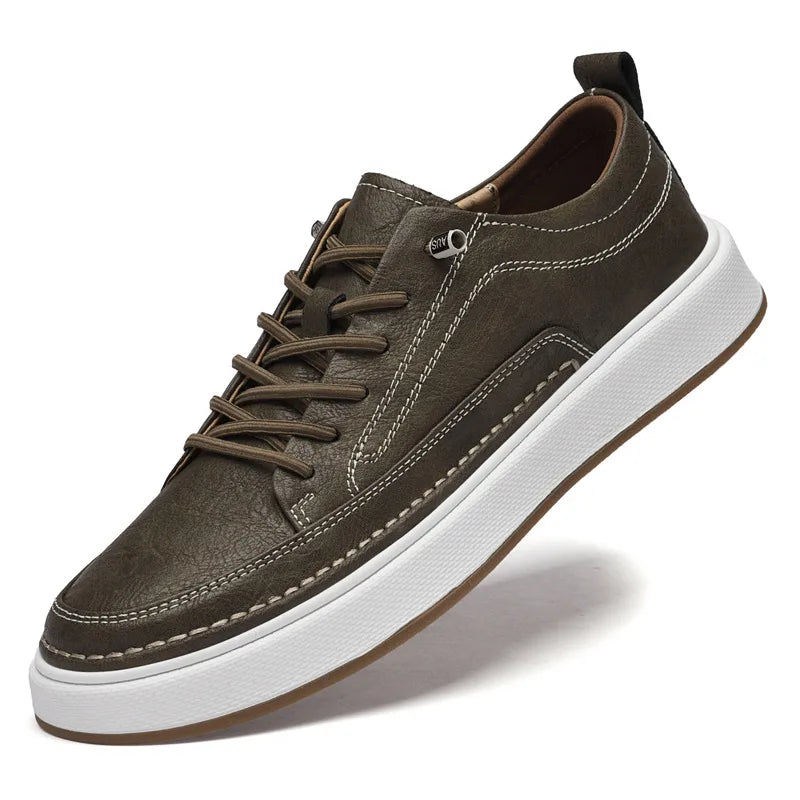 Brendan | Men's Leather Trainers - Color:Khaki;Size:38