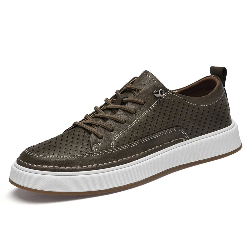 Brendan | Men's Leather Trainers - Color:Khaki Hollow;Size:38