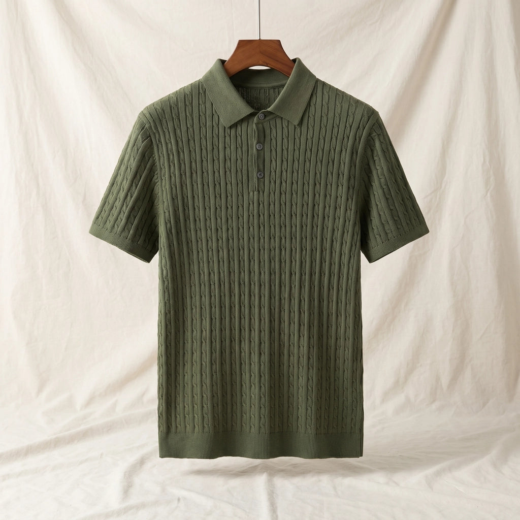 Caleb Cotton Cable-Knit Polo - Color:Army green;Size:S