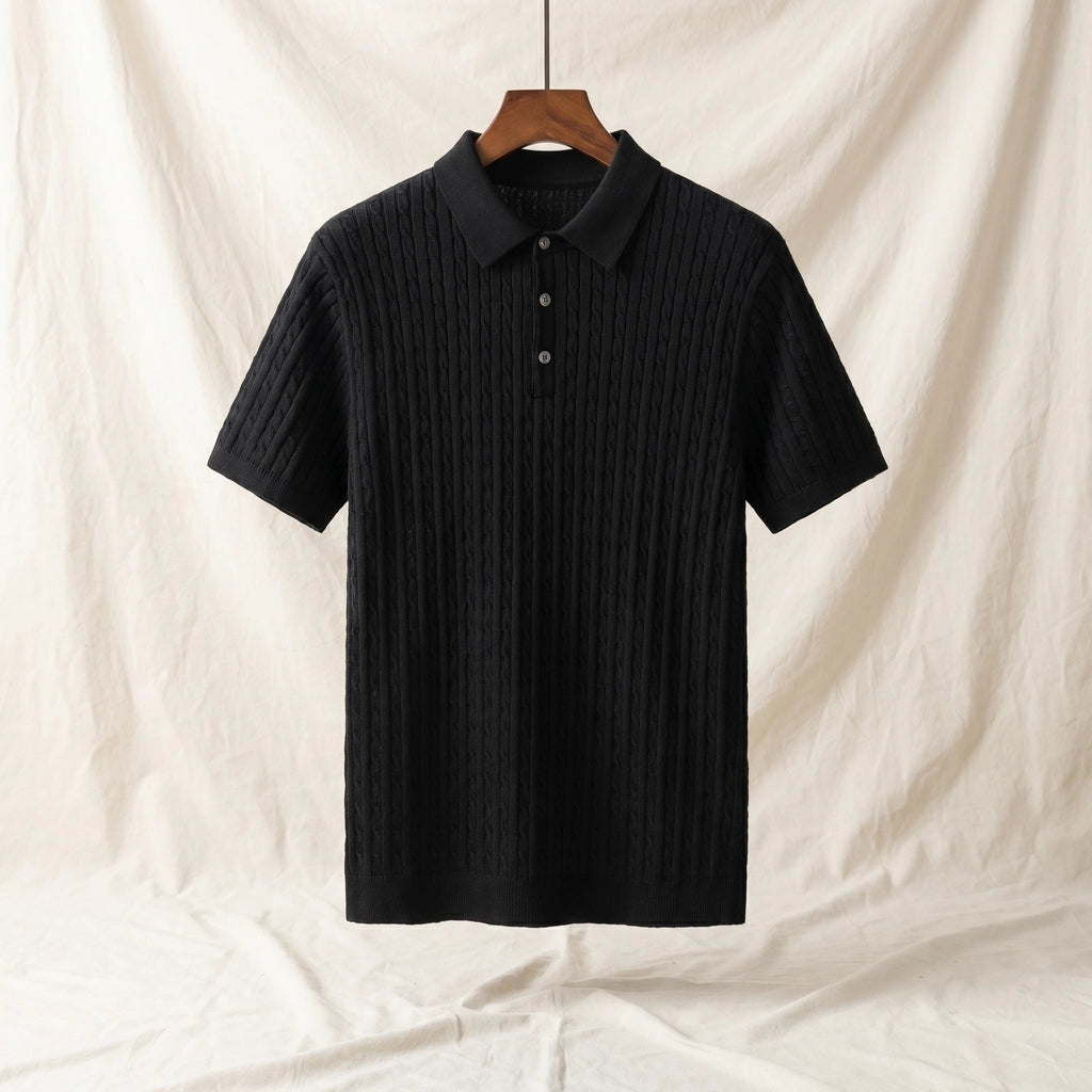 Caleb Cotton Cable-Knit Polo - Color:Black;Size:S