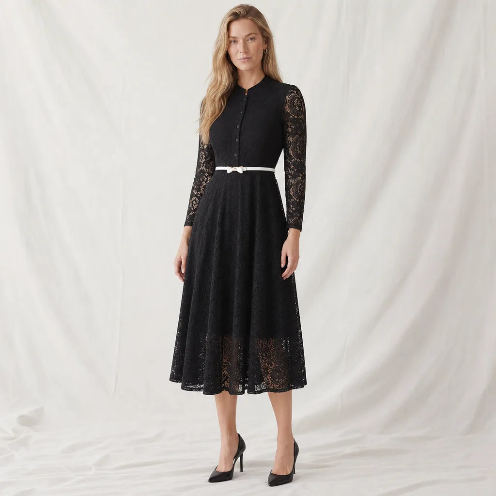 Women's Black Sheridan Long Sleeve Lace Dress