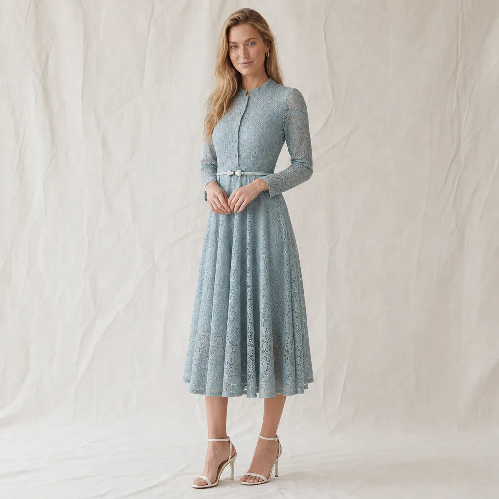 Women's Blue Gray Sheridan Long Sleeve Lace Dress
