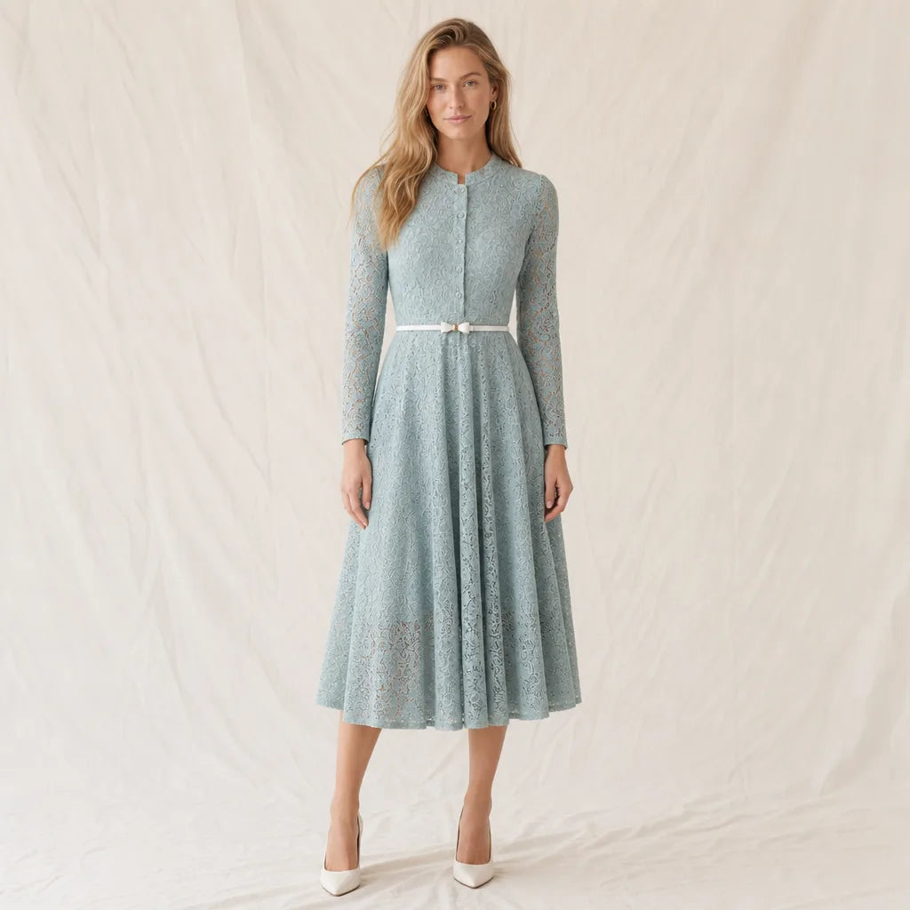 Women's Blue Gray Sheridan Long Sleeve Lace Dress