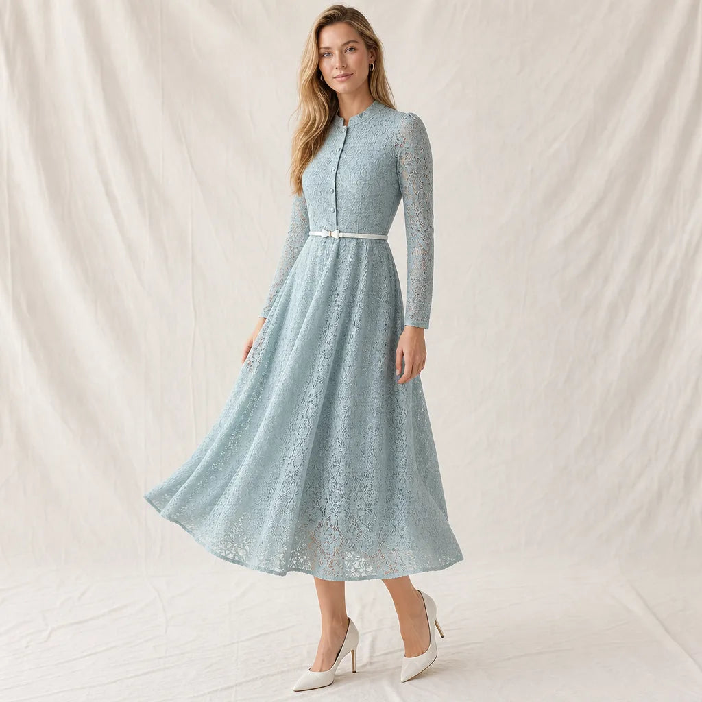 Women's Blue Gray Sheridan Long Sleeve Lace Dress