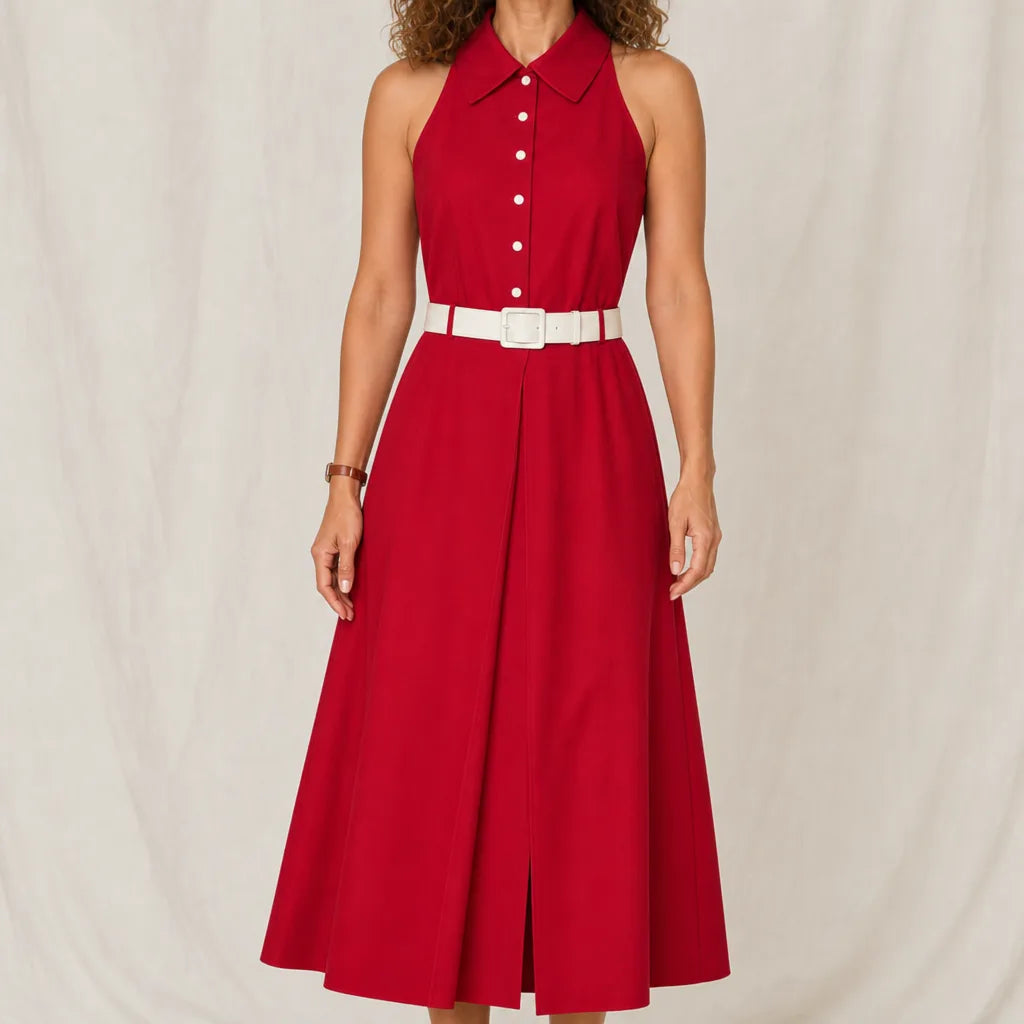Camille Sleeveless Midi Dress - Color:Red;Size:XS