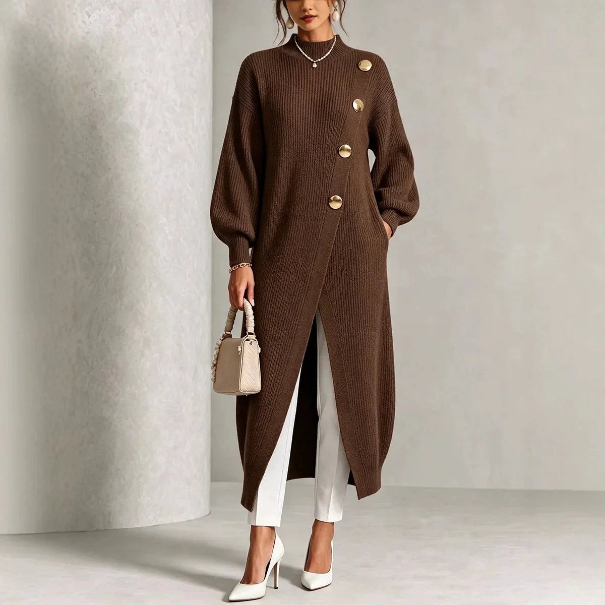 Camille | Women's Knitted Cardigan Jumper Dress - Color:Brown;Size:XS