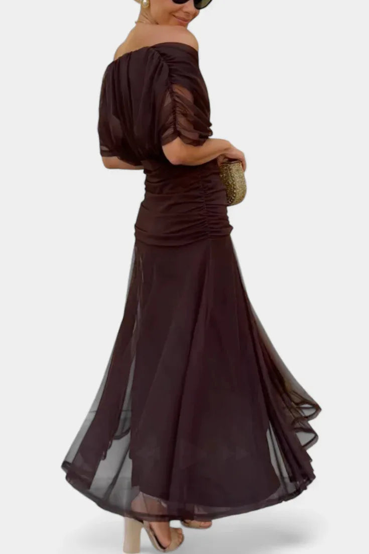 Carmen | Women's V-Neck Mesh Maxi Dress - Size:S;Color:Night Brown