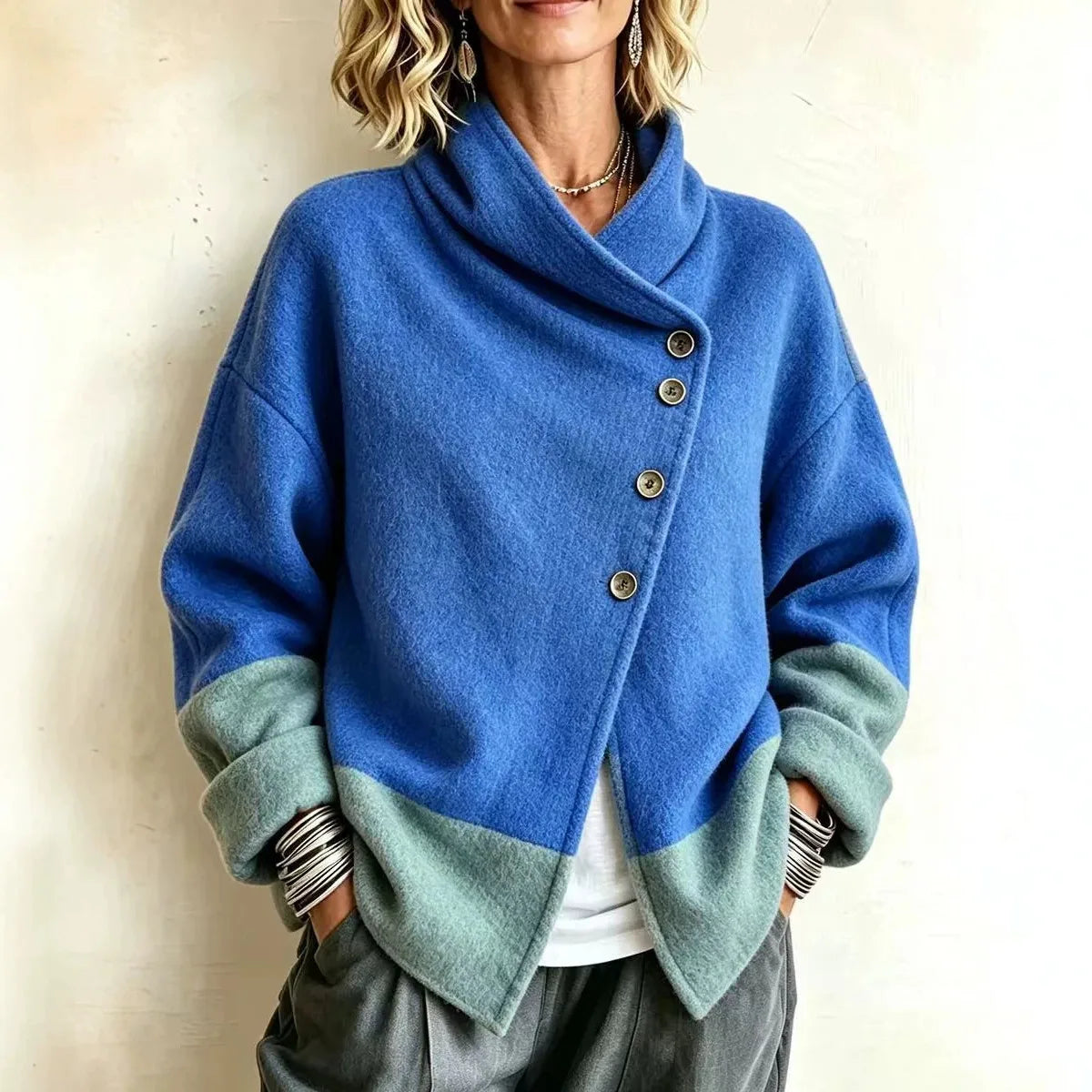 Carrie | Women's Two-Tone Wool-Blend Cardigan Jacket - Color:Blue;Size:XS