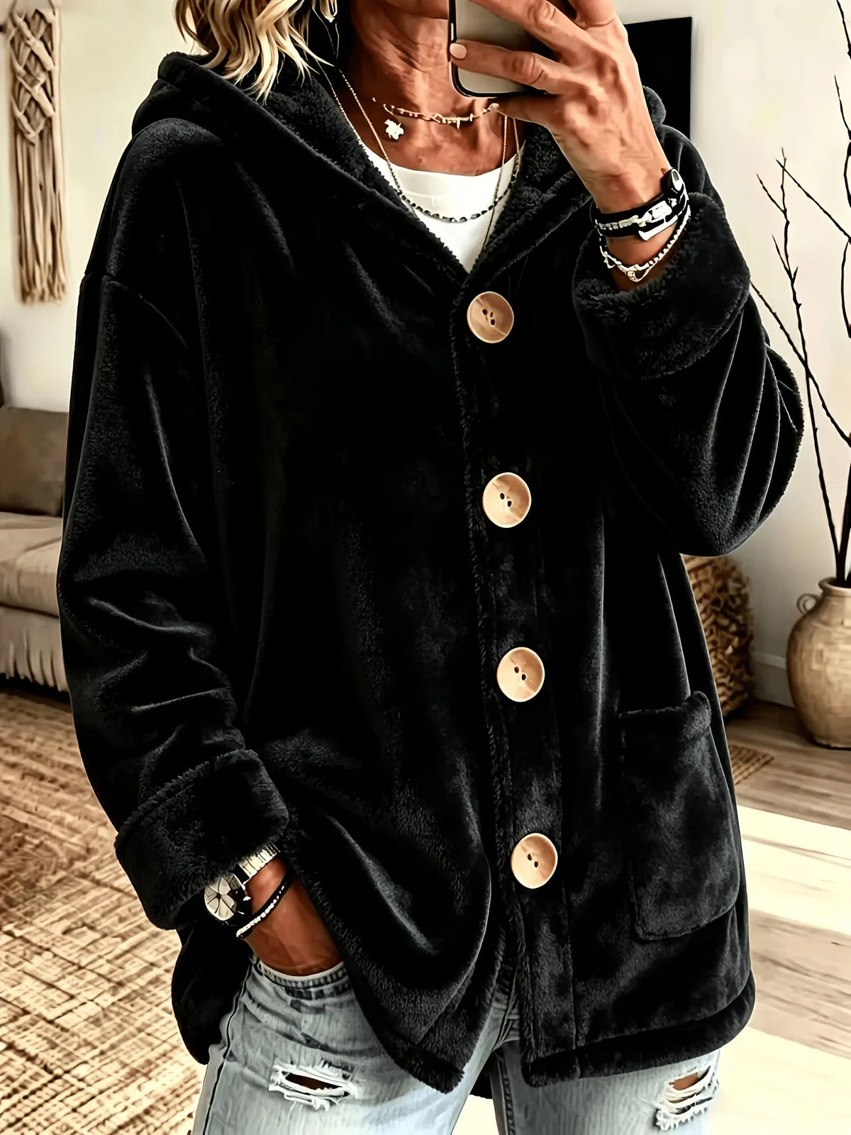 Casey | Women's Hooded Cardigan Coat - Color:Black;Size:XS