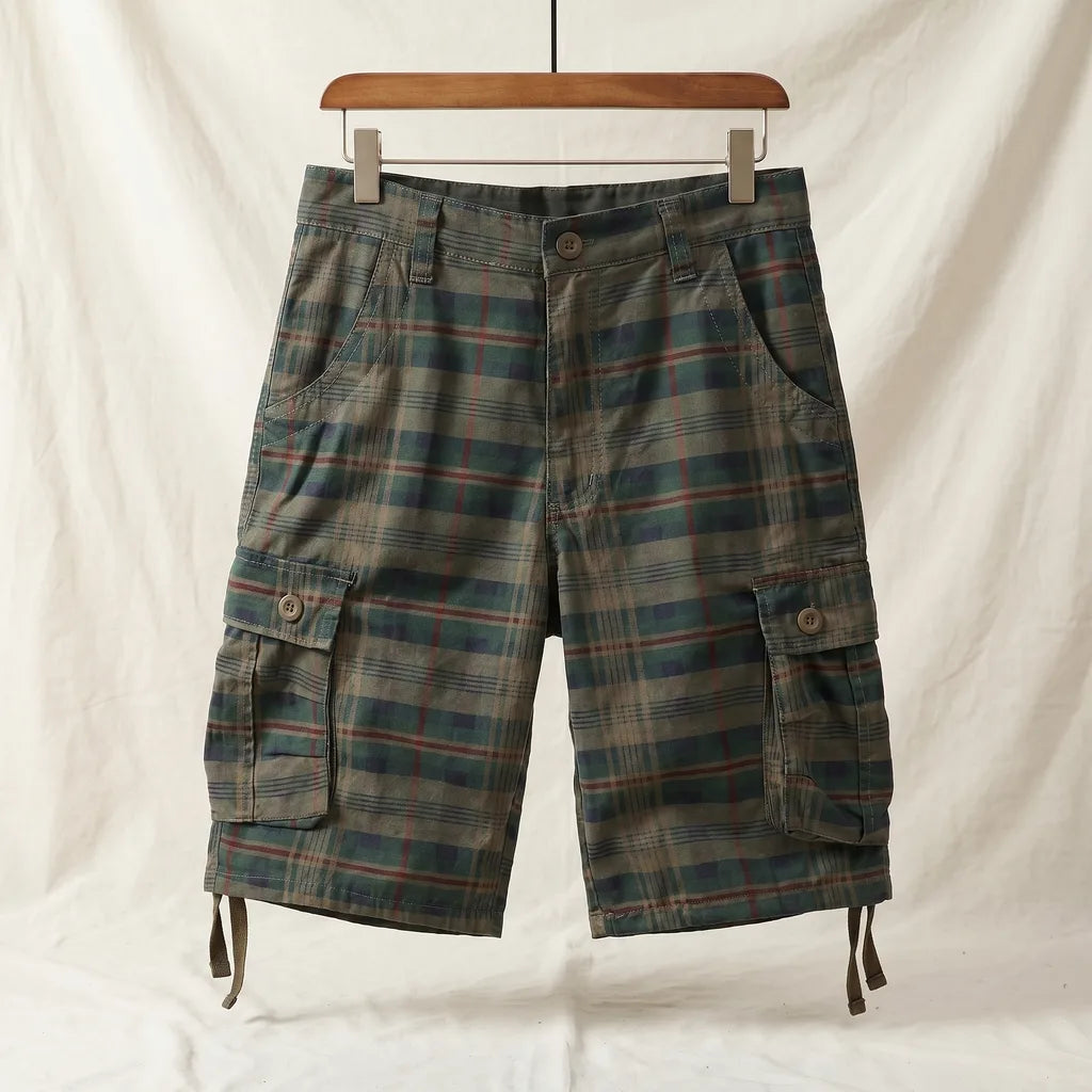 Cedric Cotton Cargo Shorts - Color:Army Green Checkered;Size:29