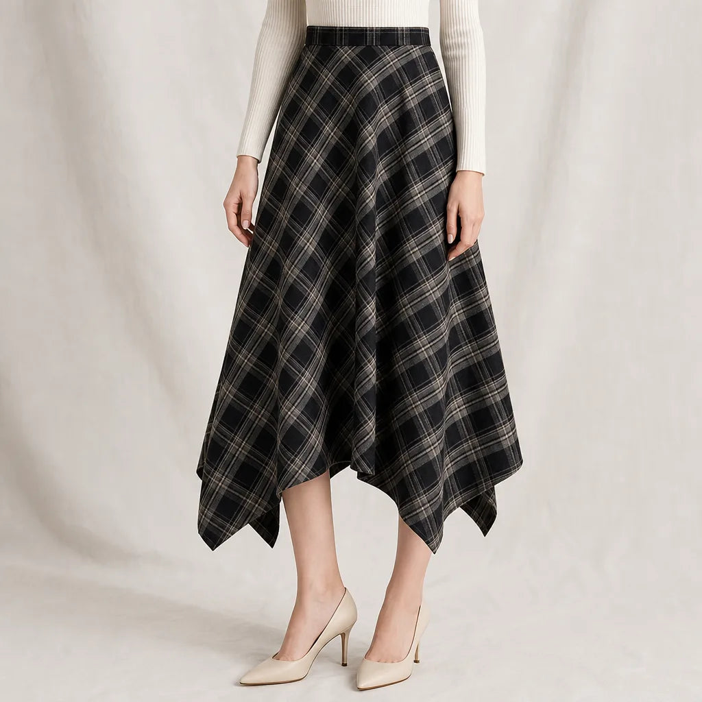 Women's Black Celia Asymmetric Plaid Skirt