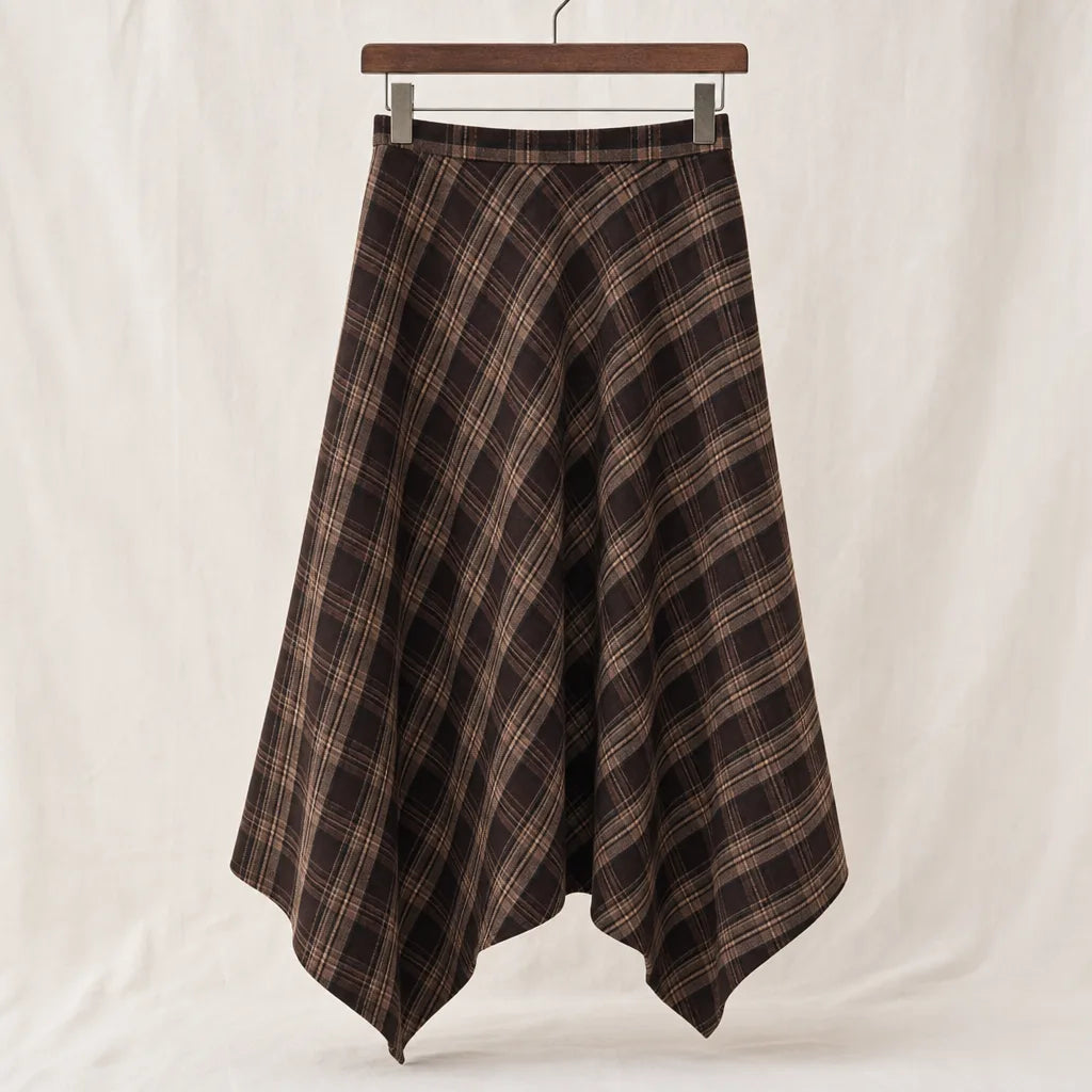 Celia Asymmetric Plaid Skirt - Color:Brown;Size:S