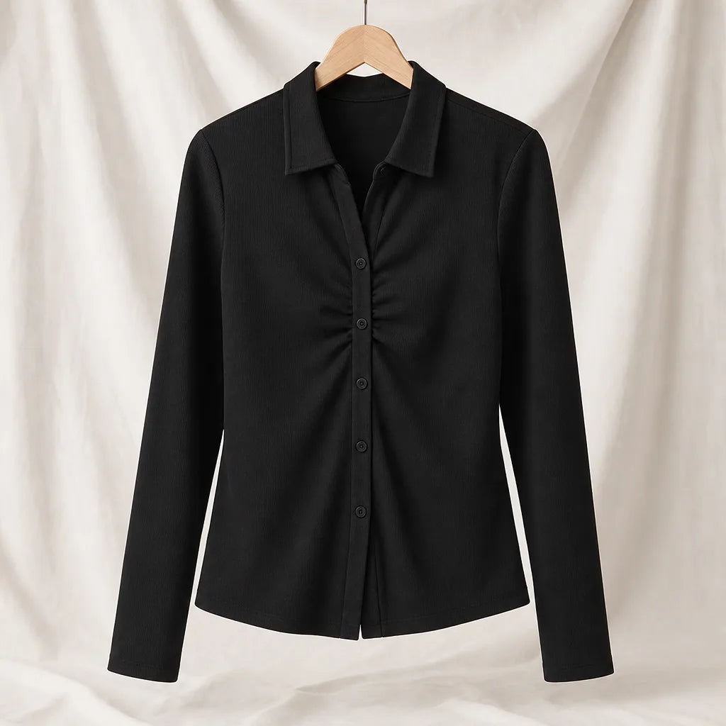 Cheney Ruched Polo Shirt - Color:Black;Size:XS