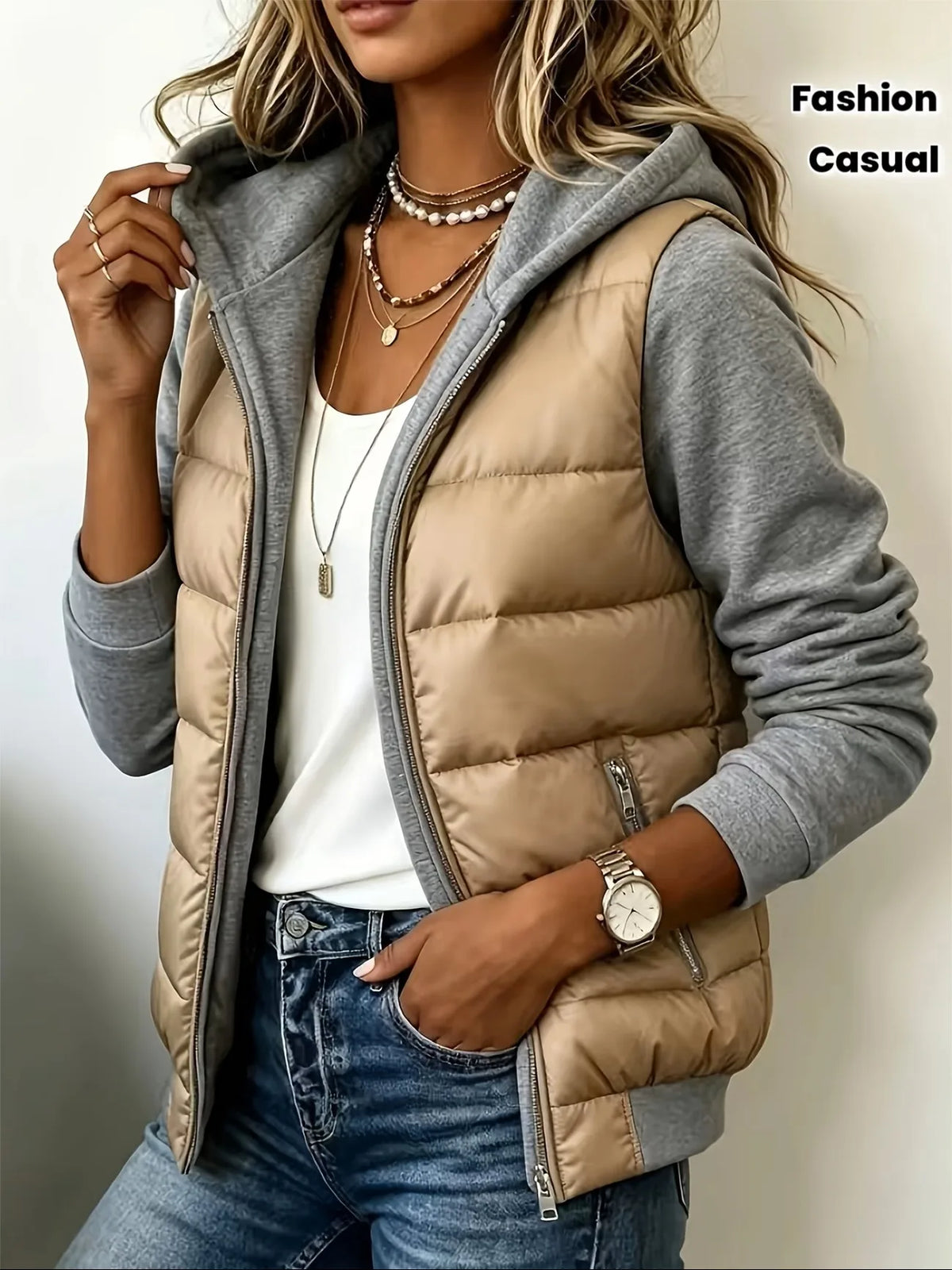 Cheney | Women's Hooded Padded Coat - Color:Khaki/Gray;Size:XS