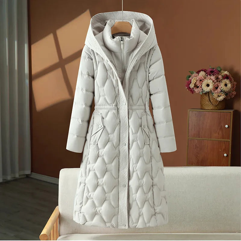 Chiara | Women's Quilted Hooded Coat  - Color:Pearl White;Size:S