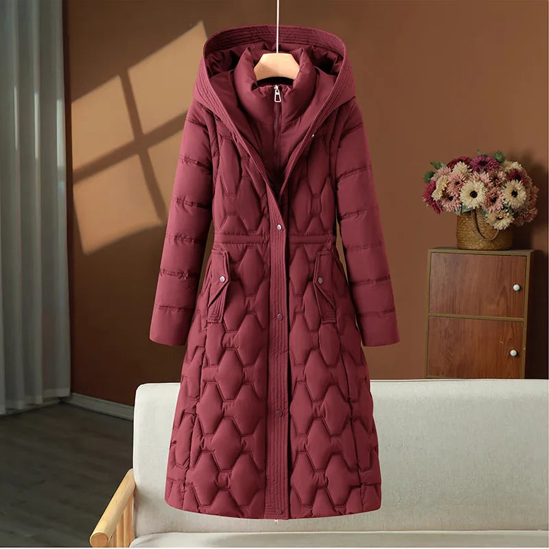 Chiara | Women's Quilted Hooded Coat  - Color:Rose Red;Size:S