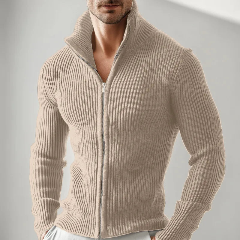 Chris | Men's Ribbed Stand-Collar Jacket - Color:Khaki;Size:XS