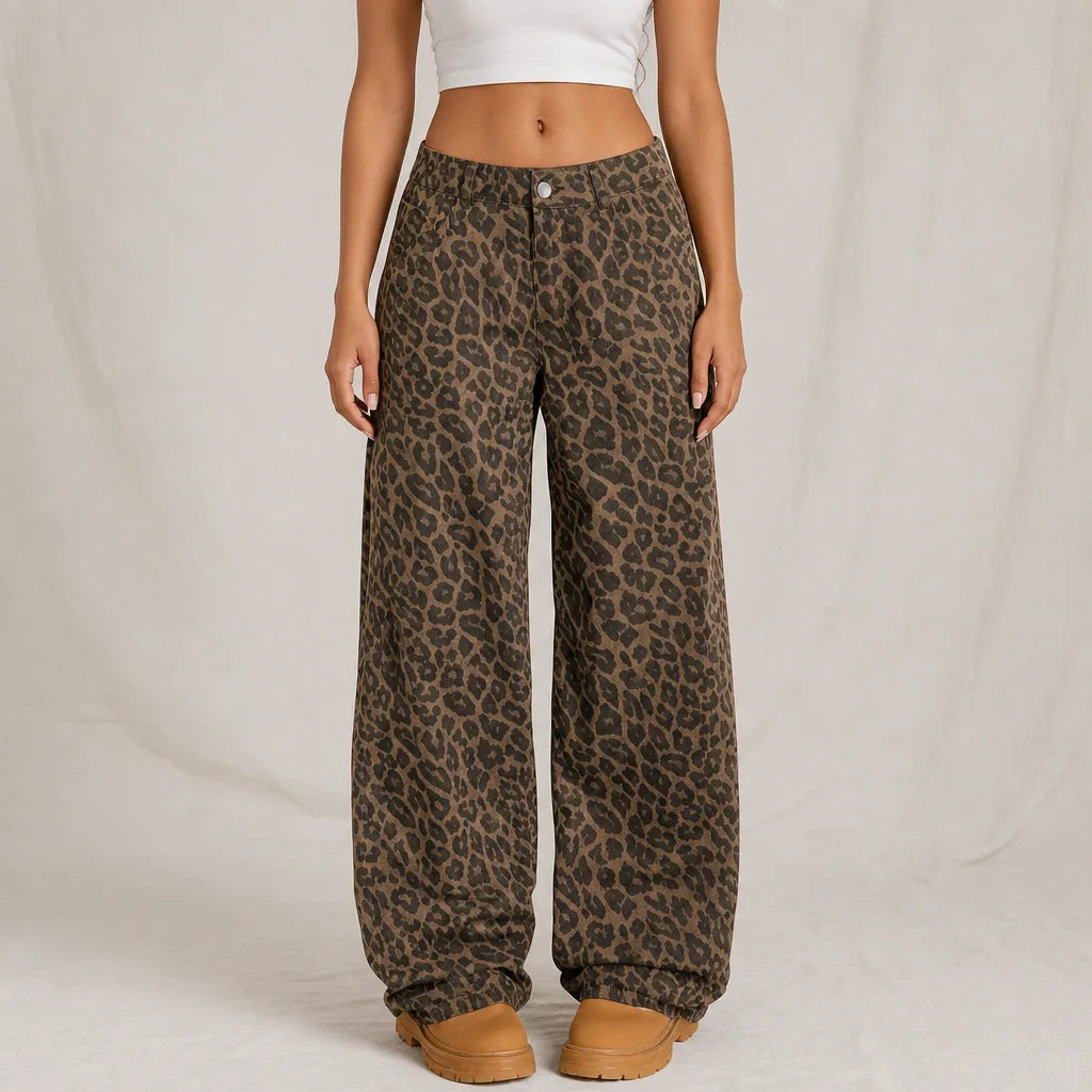 Clara Leopard Wide-Leg Jeans - Color:Leopard;Size:XS