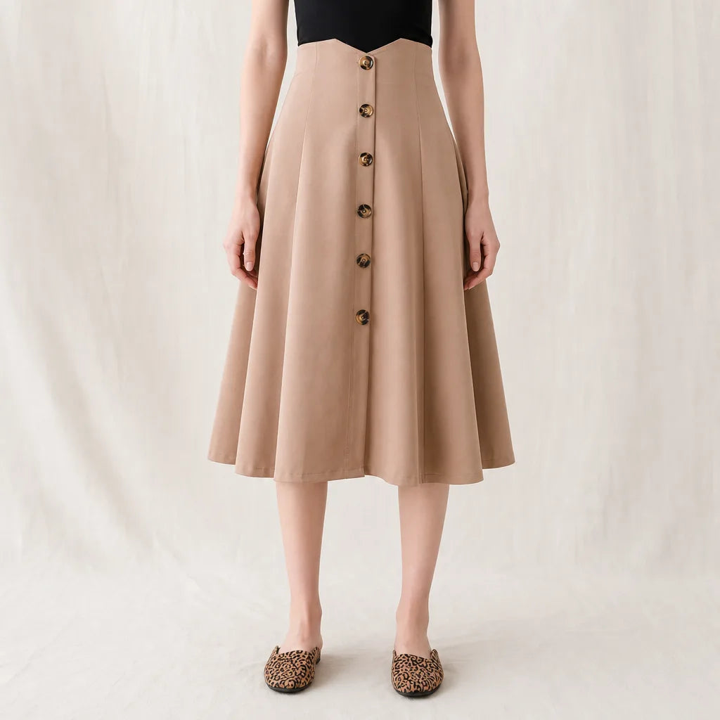 Women's Beige Talmadge Button Midi Skirt