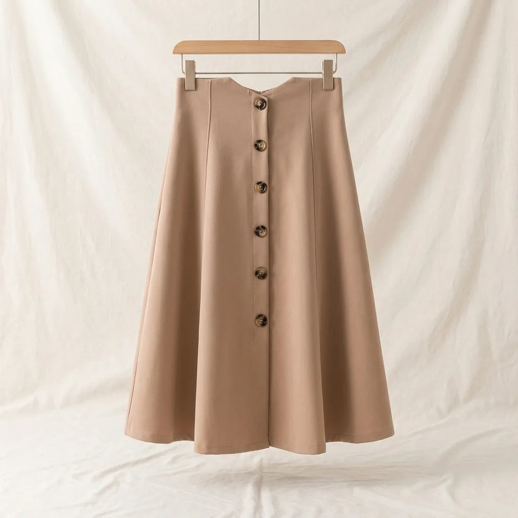 Clare Button Midi Skirt - Color:Beige;Size:XS