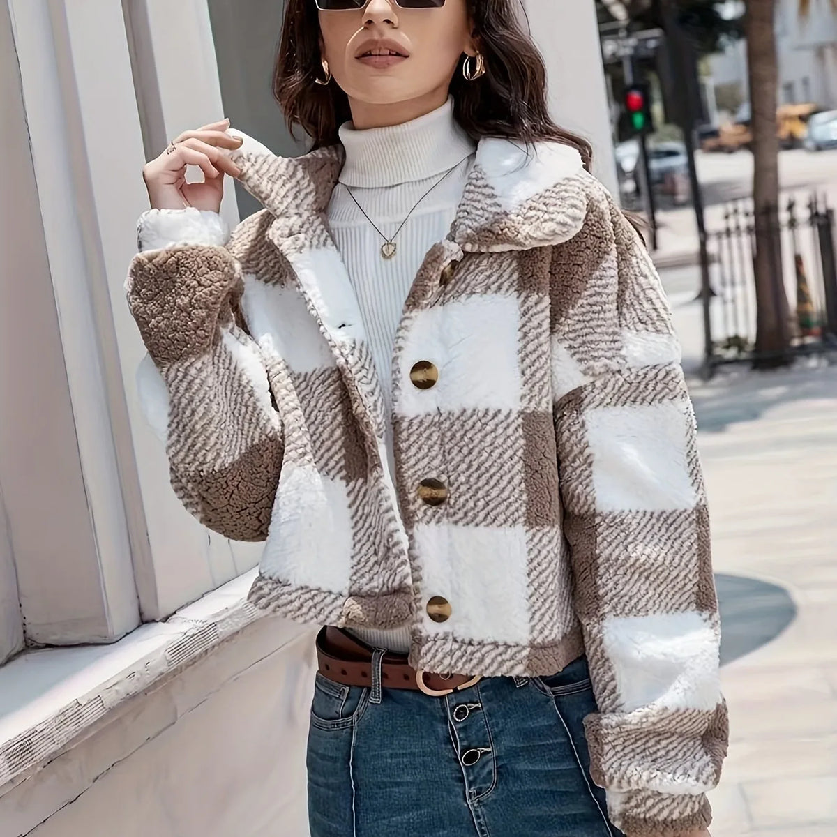 Claudia | Women's Plaid Fleece Jacket -No match - Color:Khaki;Size:XXS