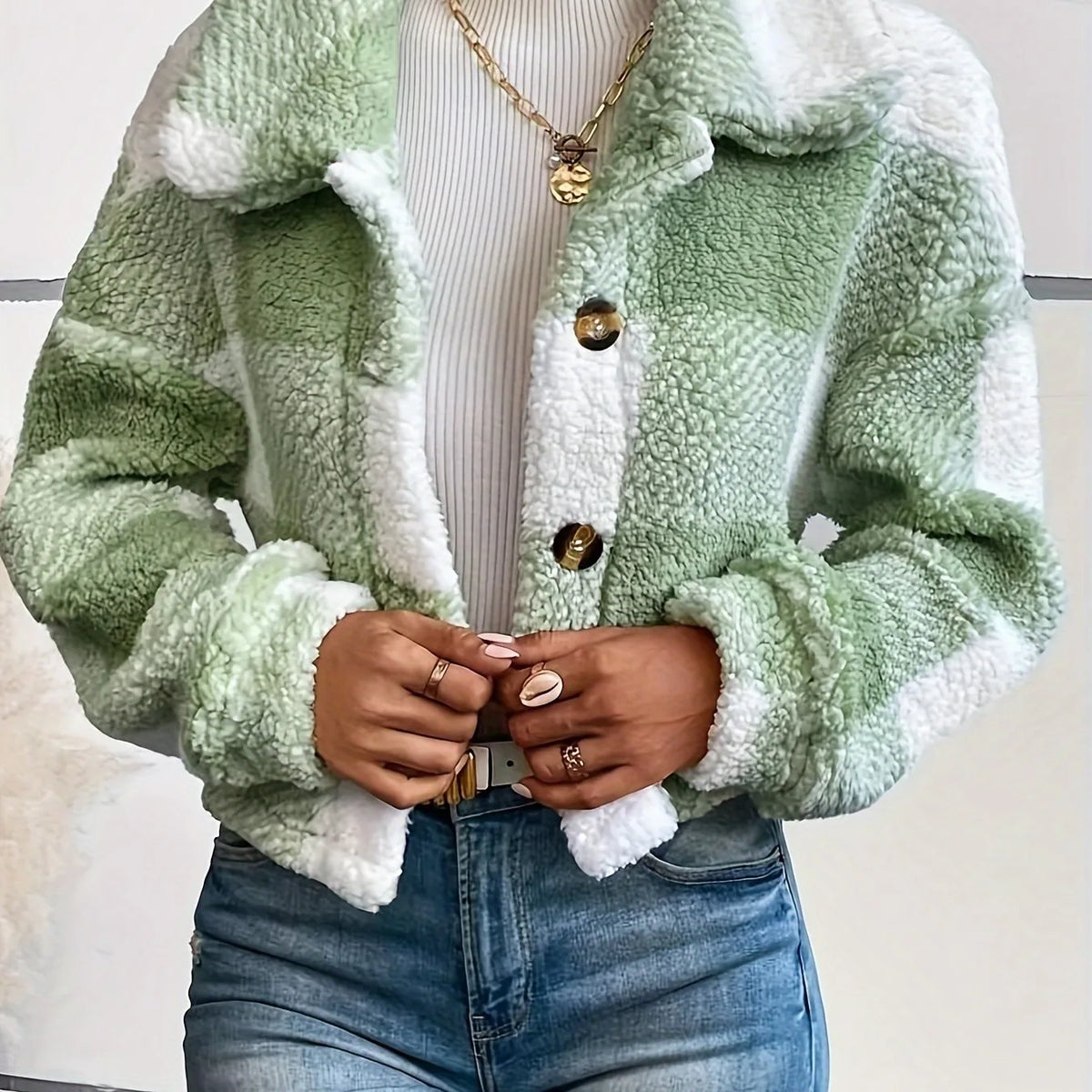 Claudia | Women's Plaid Fleece Jacket -No match - Color:Light Green;Size:XXS
