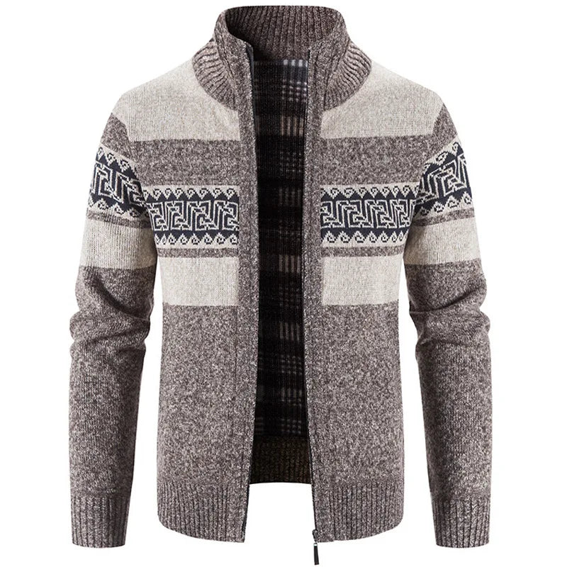 Clive | Patterned Full-Zip Knitted Cardigan  - Color:Coffee;Size:S