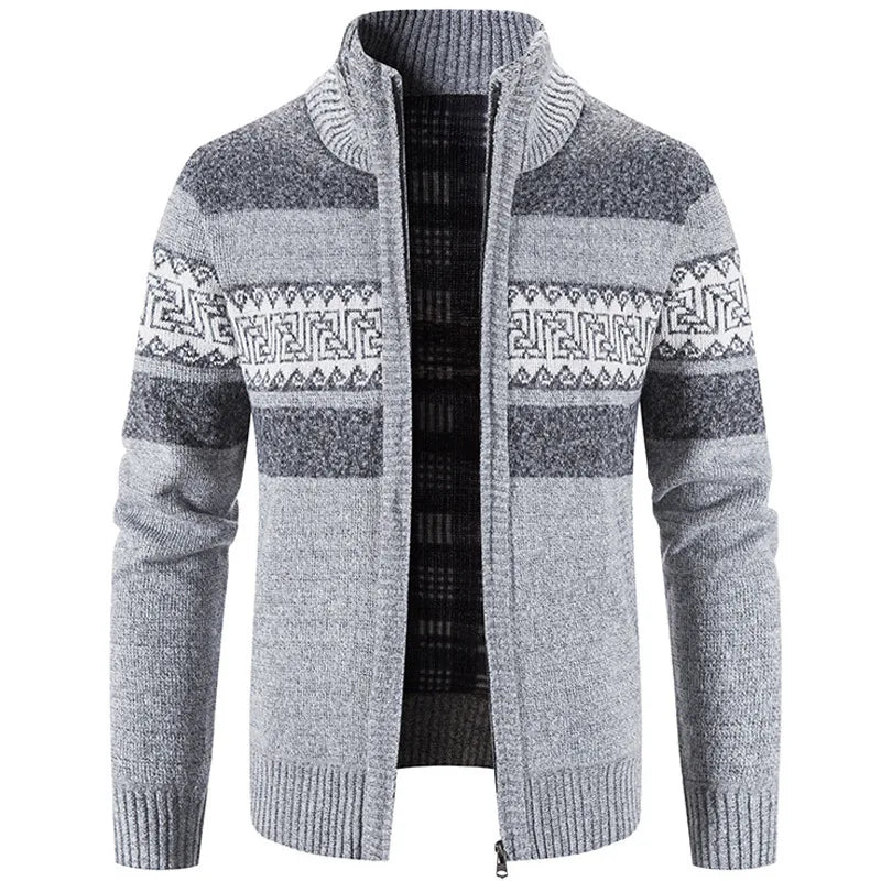 Clive | Patterned Full-Zip Knitted Cardigan  - Color:Light Grey;Size:S