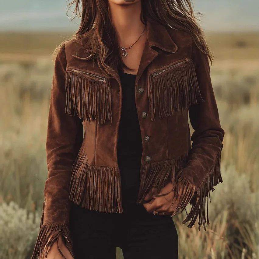 Cordelia | Women's Fringe Western Jacket  - Color:Dark Brown;Size:XS