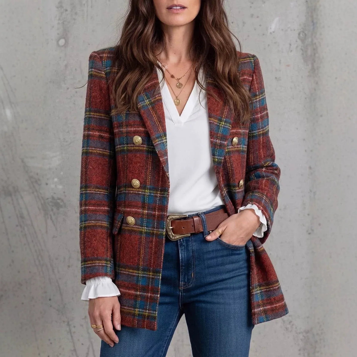 Courtney | Women's Red Plaid Double-Breasted Blazer - Red