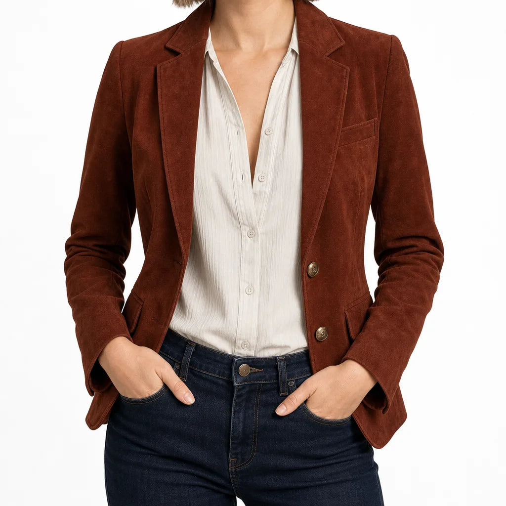 Crystal | Women's Suede Classic Blazer  - Size:XS;Color:Reddish-Brown