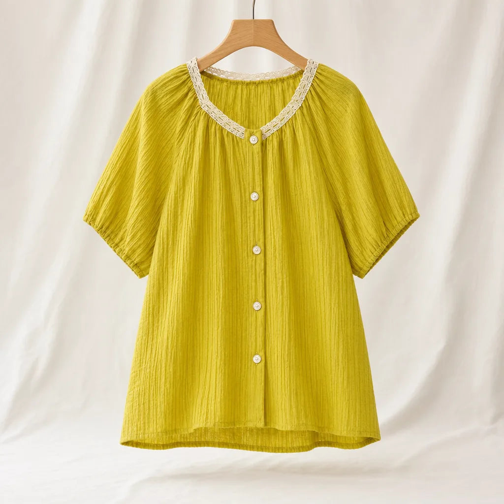 Dabney Button Puffy T-Shirt - Color:Yellow;Size:4XL