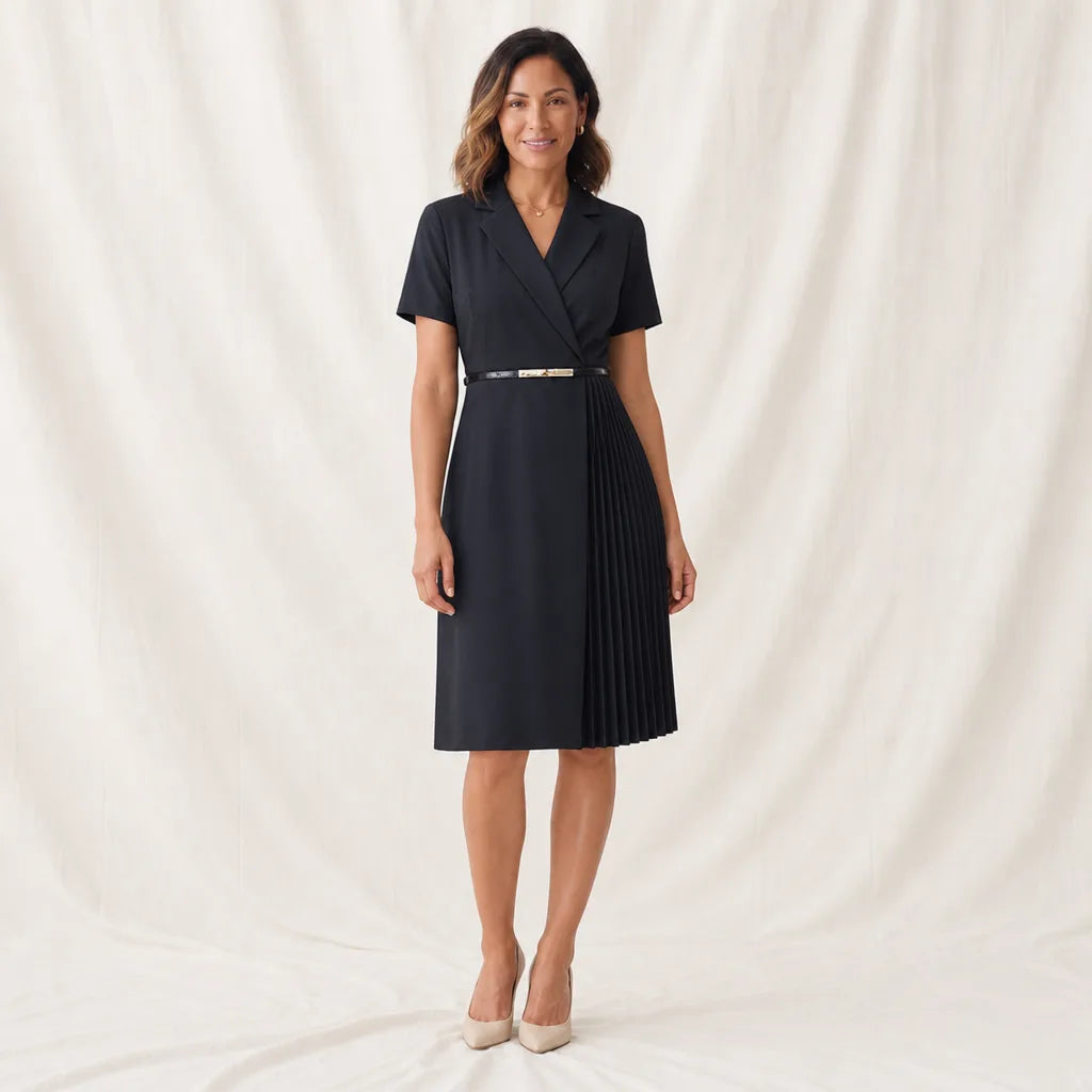Women's Black Barron Belted Pleated Dress