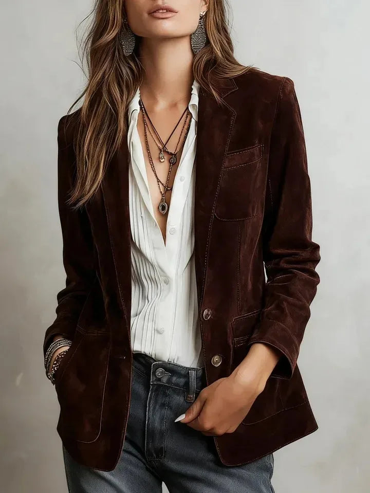 Daniella | Women's Soft Suede-Touch Blazer - Color:Chestnut Brown;Size:XXS