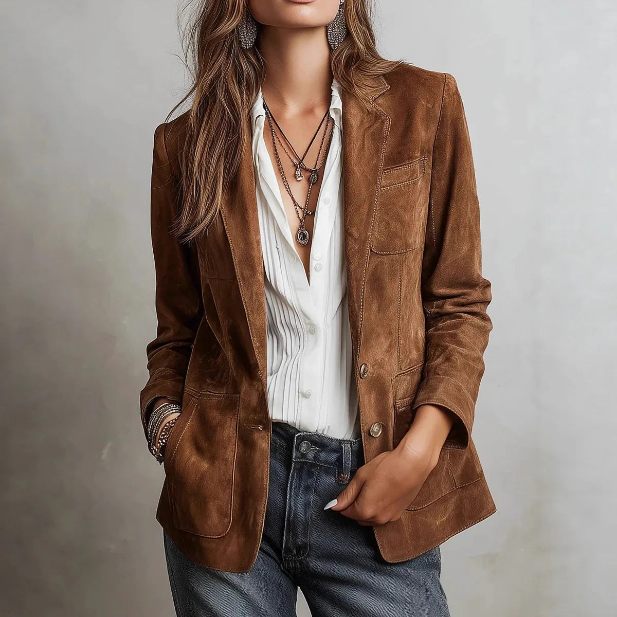 Daniella | Women's Soft Suede-Touch Blazer - Color:Cognac Brown;Size:XXS