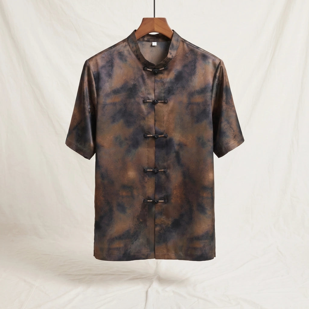 Danny Jacquard Mandarin Shirt - Color:Black Gold;Size:S