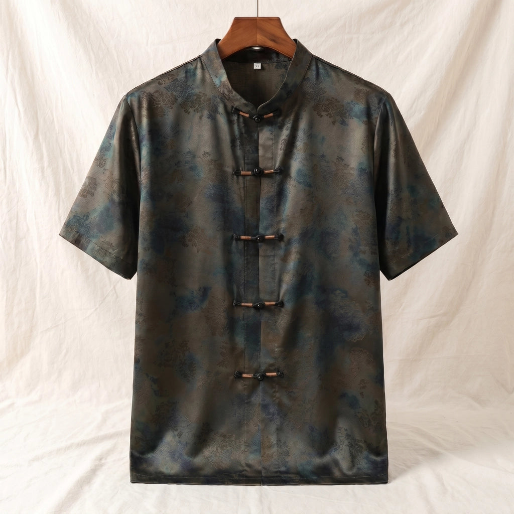 Danny Jacquard Mandarin Shirt - Color:Dark Green;Size:S