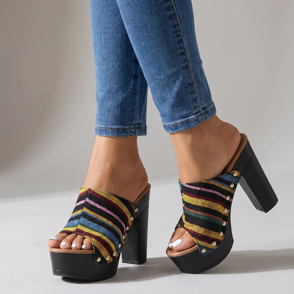 Women's Black Gatsby Striped Platform Mules