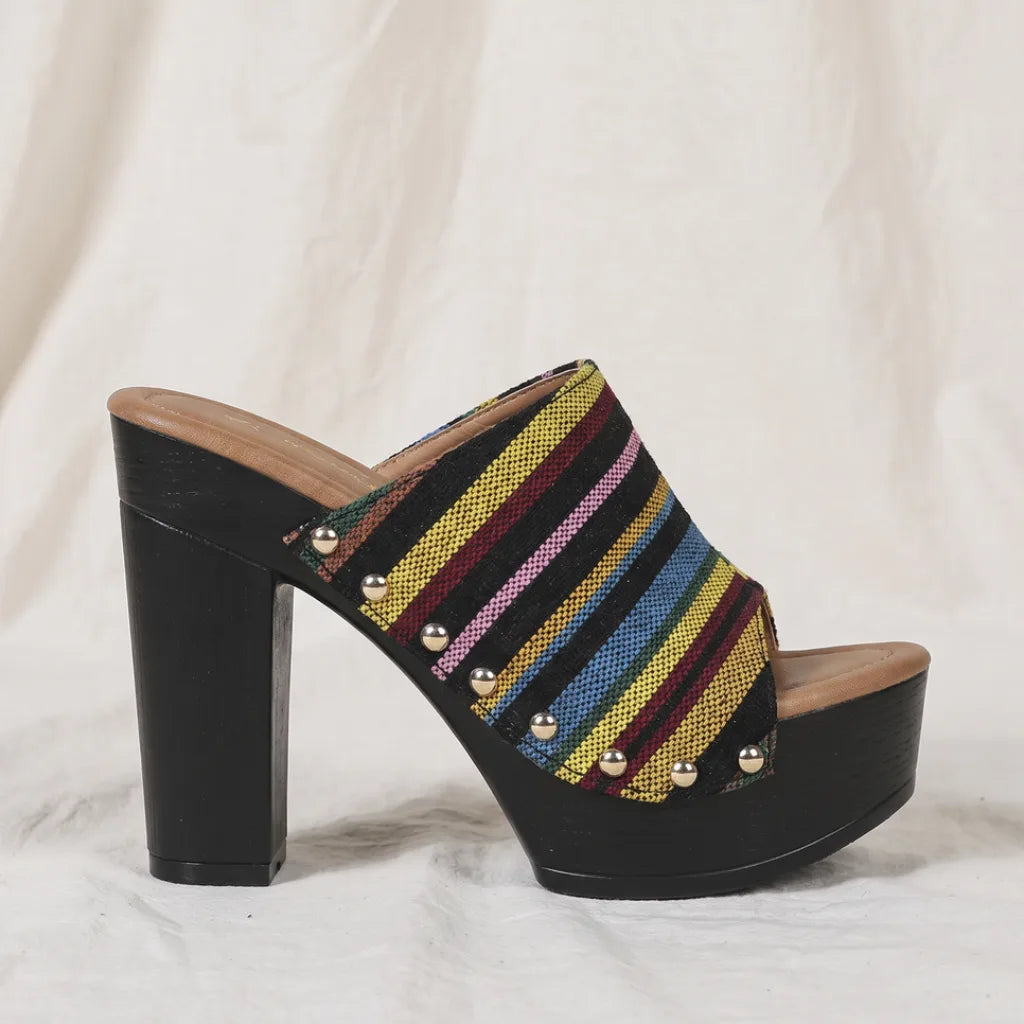 Daphine Striped Block Mules - Color:Black;Size:36