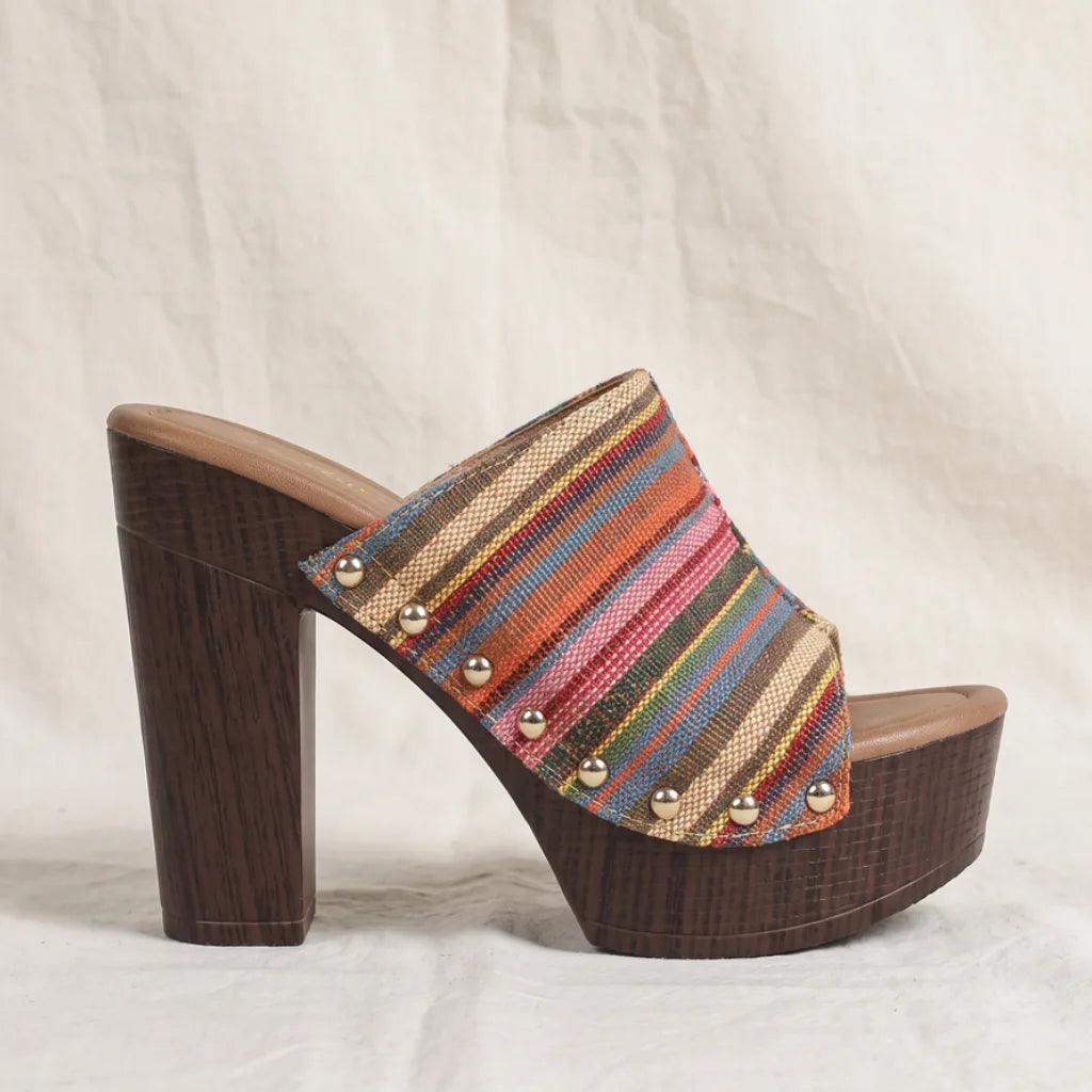 Daphine Striped Block Mules - Color:Pink;Size:36