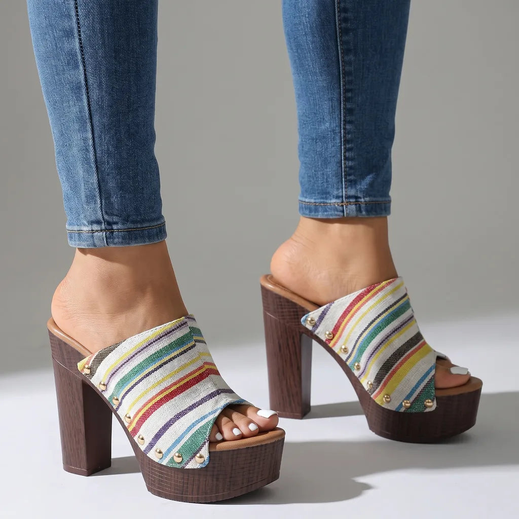 Women's White Gatsby Striped Platform Mules