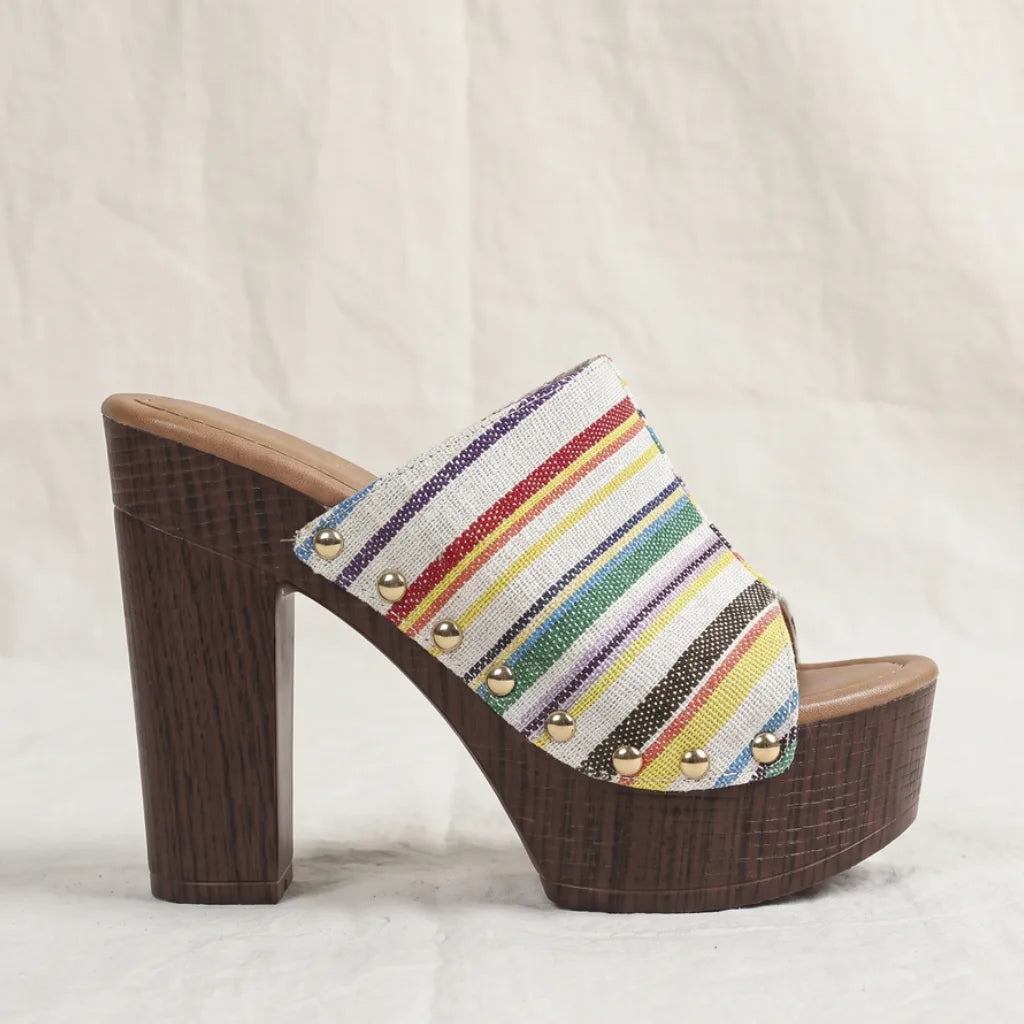 Daphine Striped Block Mules - Color:White;Size:36