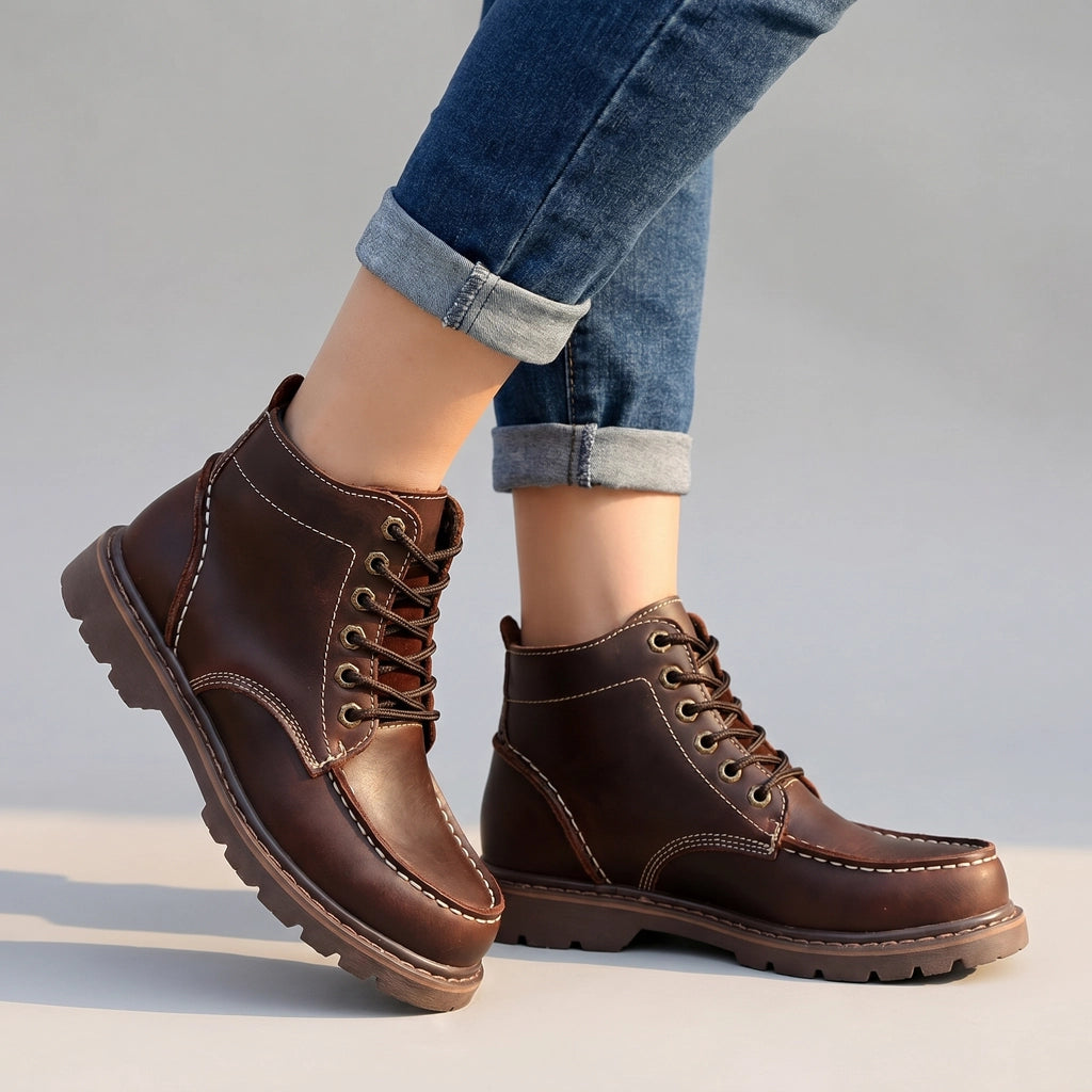 Jane Leather Lace-Up Boots - Color:Dark Brown;Size:35