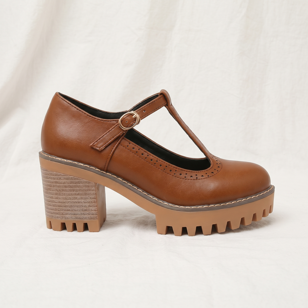 Jasmine | Womens Chunky T Strap Mary Jane Heels