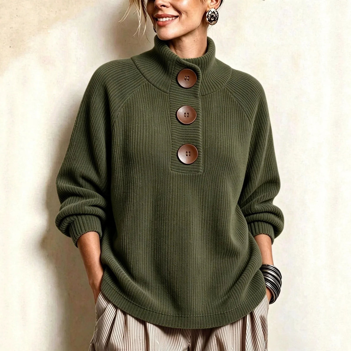 Darla | Women's Corduroy High Neck Pullover - Color:Military Green;Size:XS