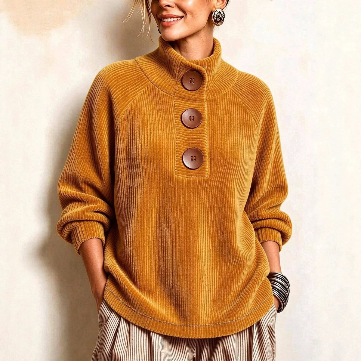 Darla | Women's Corduroy High Neck Pullover - Color:Turmeric;Size:XS