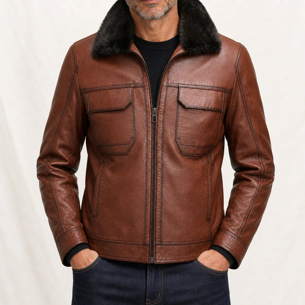 Darwin Cowhide Leather Jacket - Color:Brown;Size:S